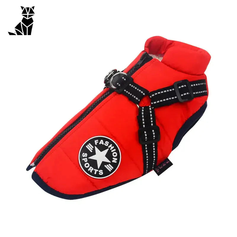 Manteau Confort pour chiens - Rouge avec étoile noire, harnais intégré pour des promenades confortables
